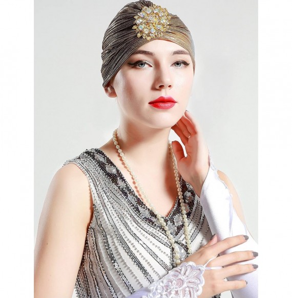 Skullies & Beanies Women's Ruffle Turban Hat Knit Turban Headwraps with Detachable Crystal Brooch for 1920s Gatsby Party - Da...