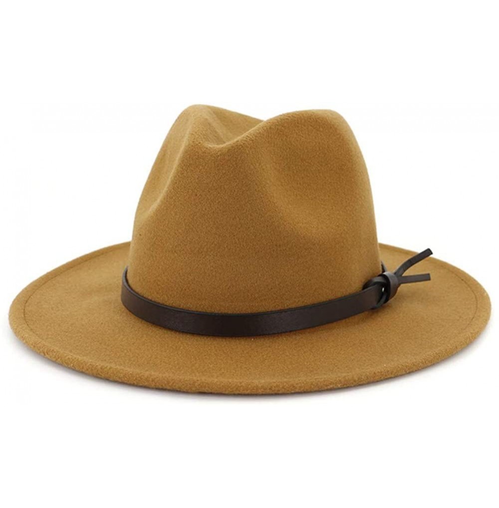 Fedoras Women Wide Brim Wool Fedora Panama Hat with Belt Buckle - Knot Belt-khaki - CE18XQA5ZTI