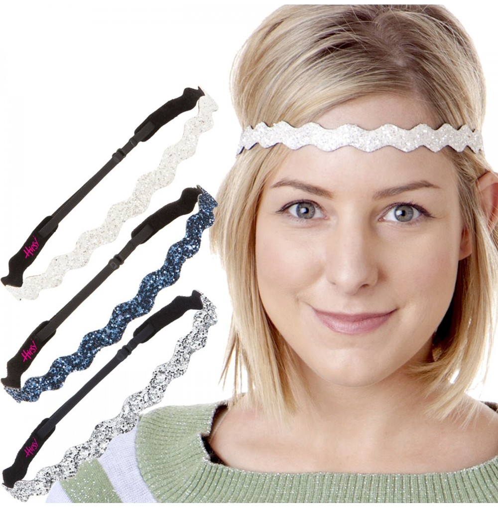 Headbands Adjustable NON SLIP Wave Bling Glitter Headbands for Girls Multi Pack (Silver/Navy/White) - CR11TOP024D