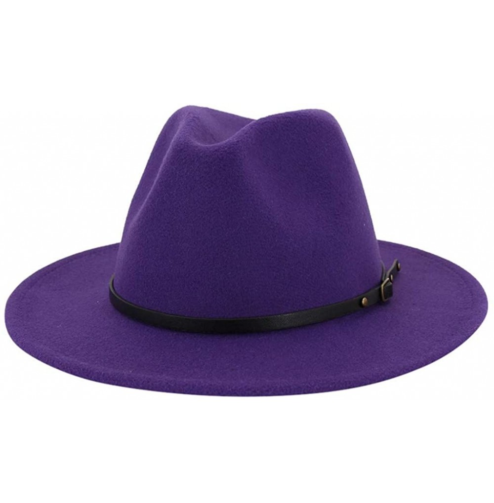 Fedoras Women's Vintage Fedora Hat Lady Retro Wide Brim Hat with Belt Buckle Unisex Classic Cotton Panama Hat - Purple - C019...
