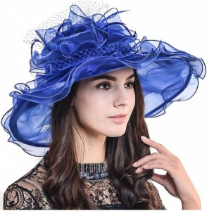 Sun Hats Fascinators Kentucky Derby Church Dress Large Floral Party Hat - Veil Blue - CG11YMCBMHJ