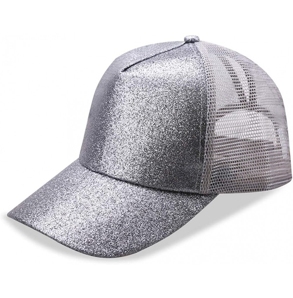 Baseball Caps NeuFashion Ponycap Messy High Bun Ponytail Adjustable Mesh Trucker Baseball Cap Hat for Women - Silver-glitter ...