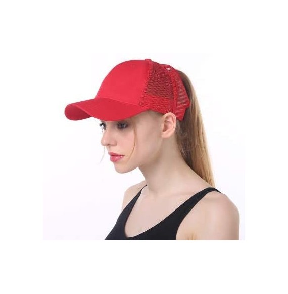 Baseball Caps Custom Ponycap Messy High Bun Ponytail Baseball Cap Adjustable Mesh Trucker Baseball Cap Hat for Women - Red - ...