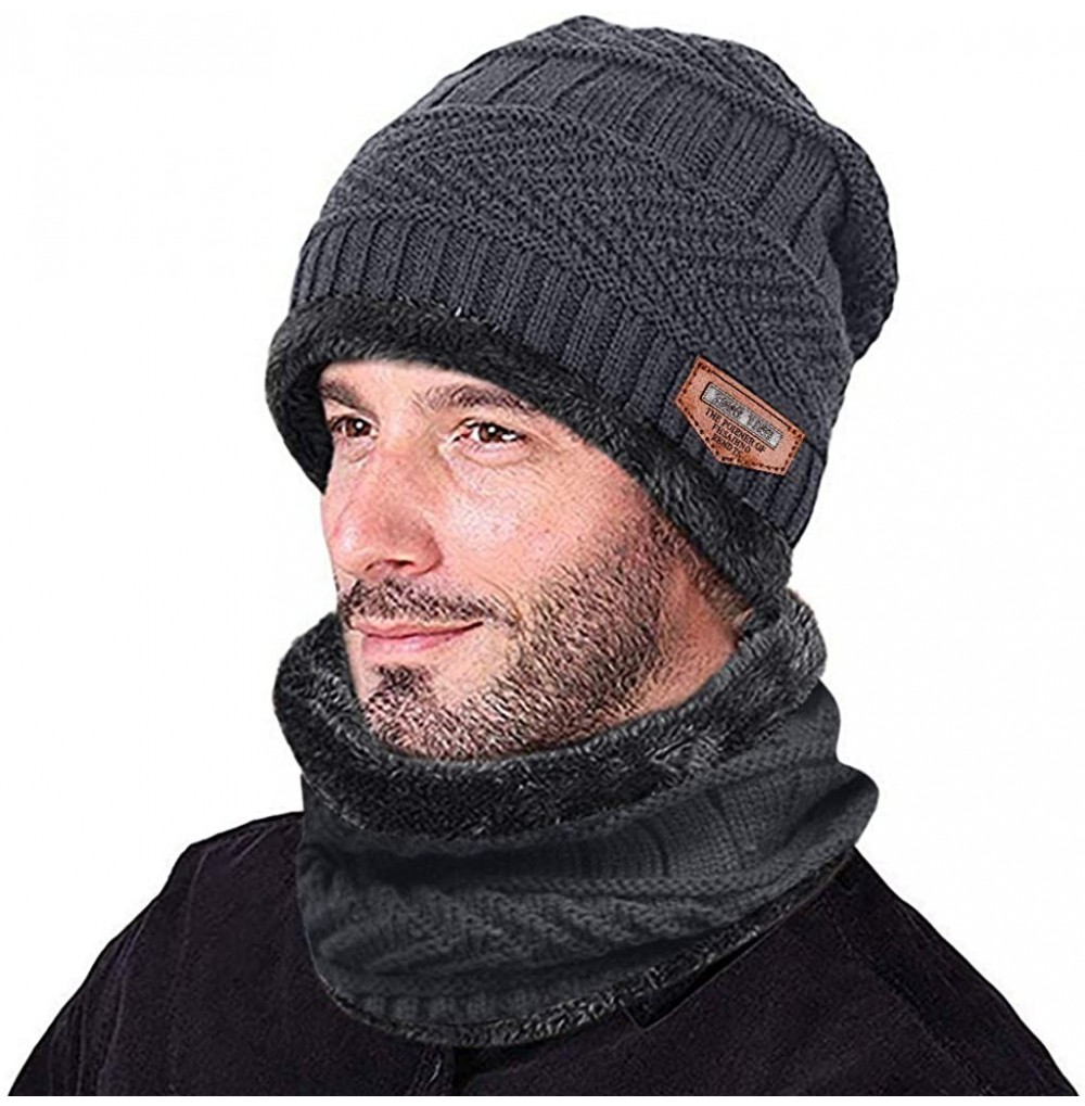 Skullies & Beanies Men's Warm Beanie Winter Thicken Hat and Scarf Two-Piece Knitted Windproof Cap Set - A-gray - CH193CCKY9D
