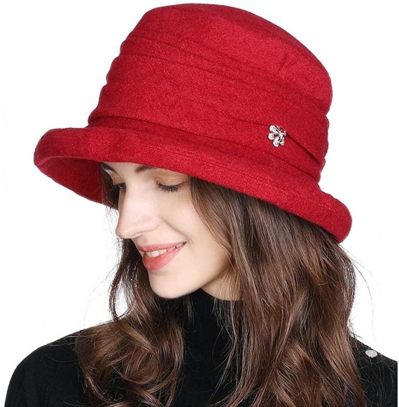 Bucket Hats Ladies Wool Cloche Hats Winter Bucket Hat 1920s Vintage Derby Hat Foldable - 16060_red - CT192ELX5SE