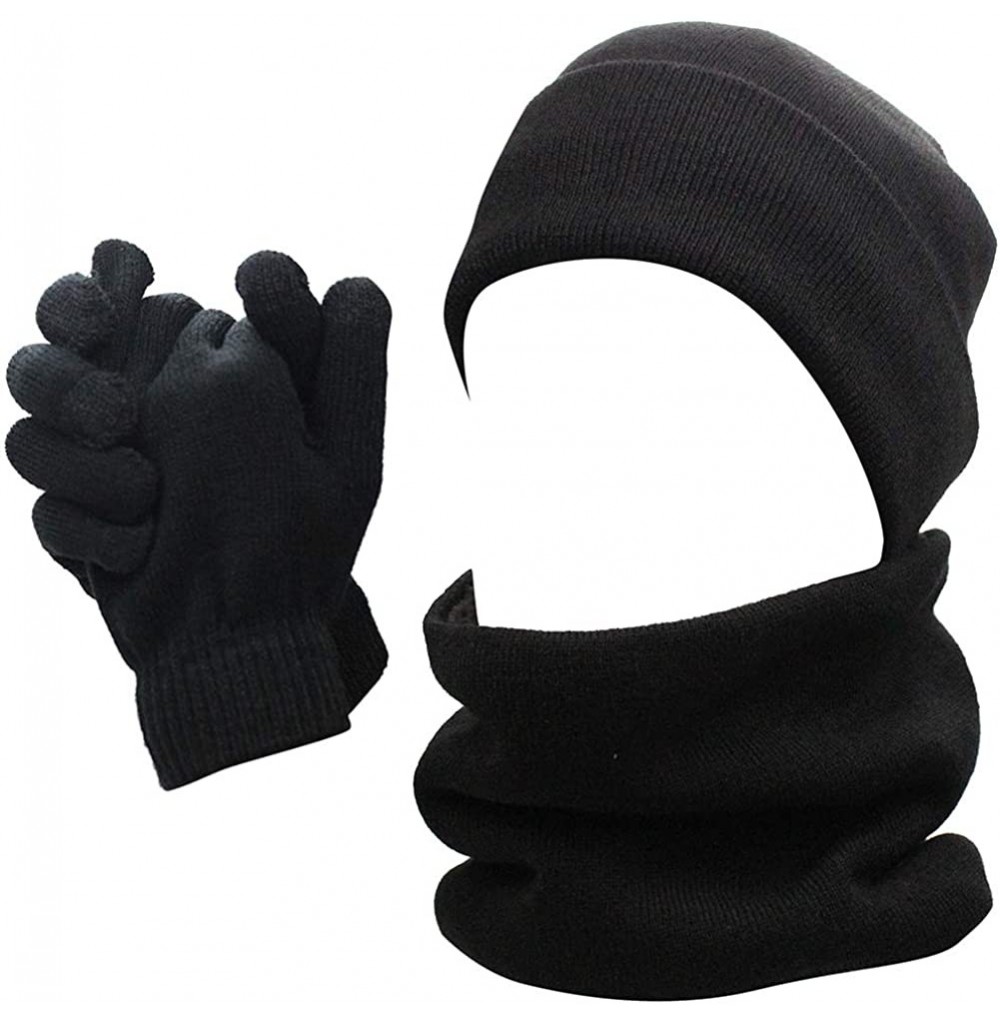 Balaclavas Mens Winter 3 Pieces Set Scarf Skull Beanie Hat Cap Touch Screen Gloves Mittens - Black - CQ18M3QNOXY