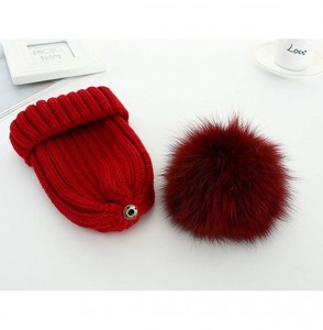 Skullies & Beanies Winter Knit Hat Kids Real Fur Pom Pom Warm Beanie Hat - Wine Red (Real Fox Fur) - CY18XZTAIK5