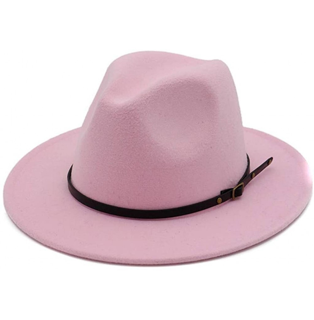 Fedoras Womens Classic Wide Brim Floppy Panama Hat Belt Buckle Wool Fedora Hat - Pink - CG18SE50HK9