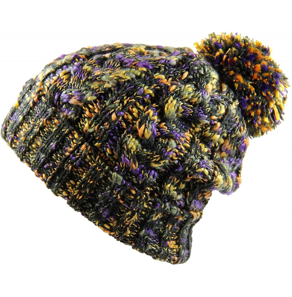 Skullies & Beanies Winter Warm Baggy Knit Slouchy Multi Color Beanie Hat with Pom Pom - Olive Green/Multi - CR186AAZR7Q