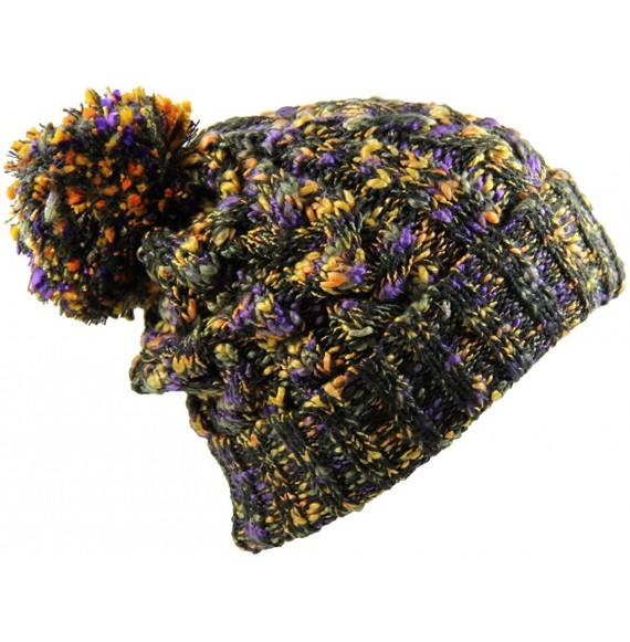 Skullies & Beanies Winter Warm Baggy Knit Slouchy Multi Color Beanie Hat with Pom Pom - Olive Green/Multi - CR186AAZR7Q