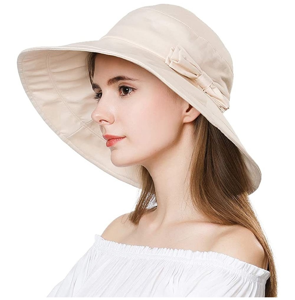 Sun Hats Womens UPF50 Cotton Packable Sun Hats w/Chin Cord Wide Brim Stylish 54-60CM - 69038_beige - CQ19644U59K