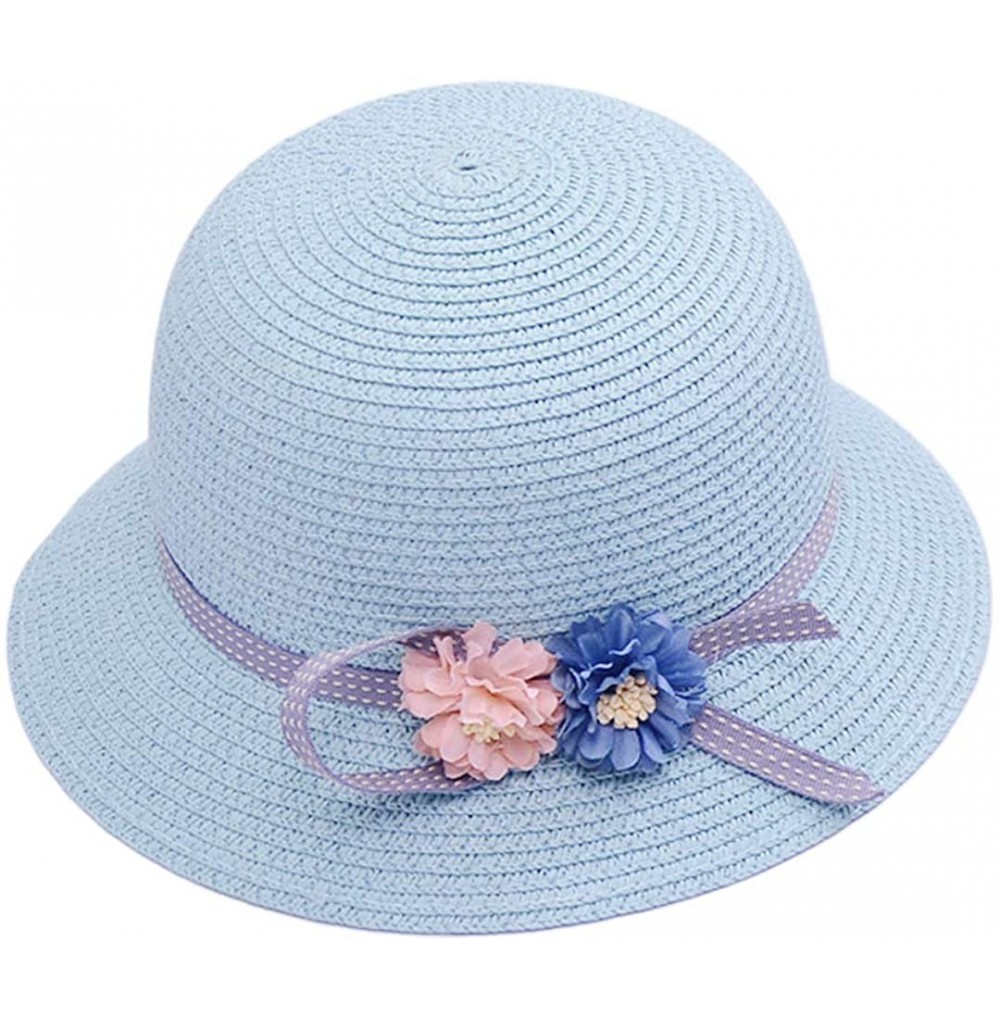 Sun Hats Girls Large Brim Sunhat Wavy Beach Straw Hat Cute Sun Cap - Blue-flowers - CE193TO3USG