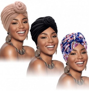 Skullies & Beanies 3 Pieces African Turban for Women Knot Pre-Tied Bonnet Beanie Cap Headwrap - Black- Blue Flower- Khaki - C...
