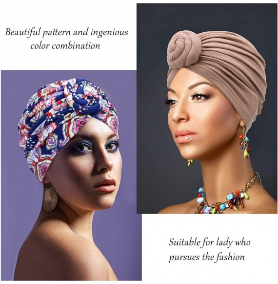 Skullies & Beanies 3 Pieces African Turban for Women Knot Pre-Tied Bonnet Beanie Cap Headwrap - Black- Blue Flower- Khaki - C...