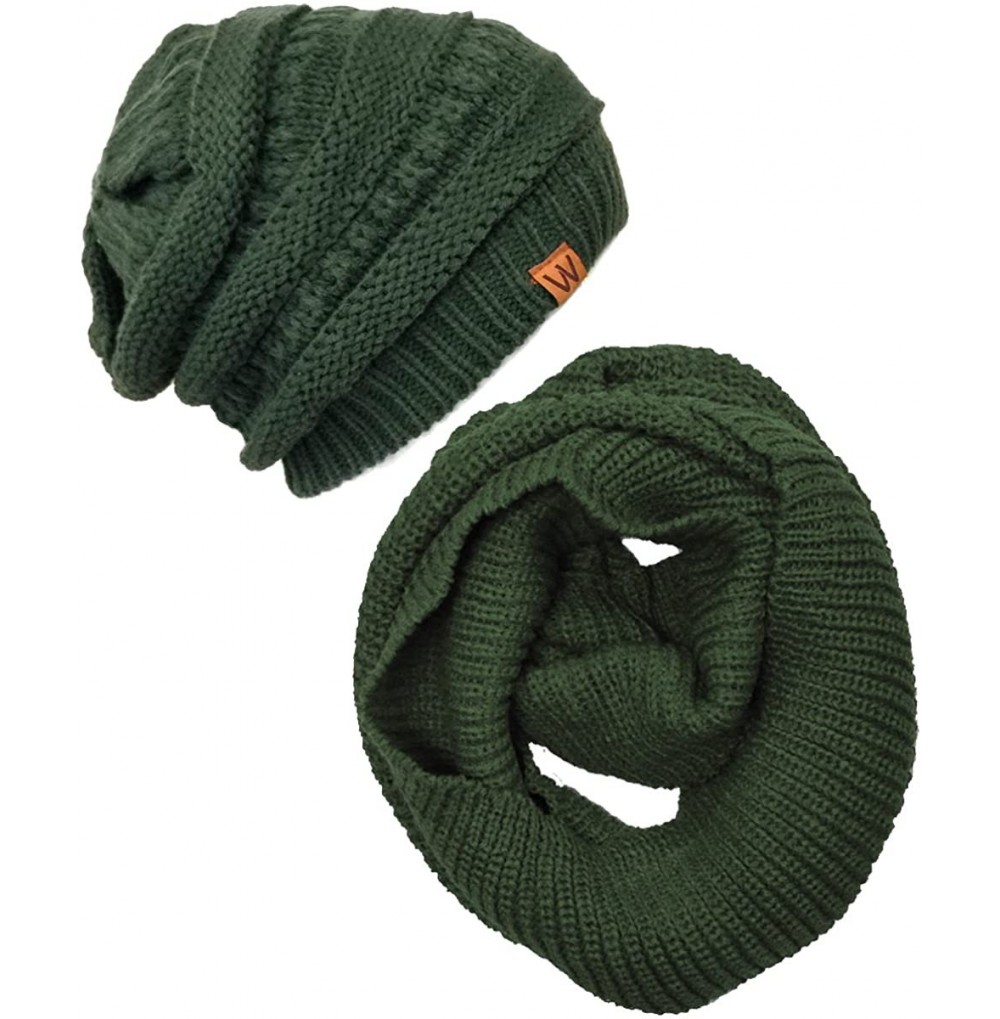 Skullies & Beanies Winter Warm Knitted Infinity Scarf and Beanie Hat - Hunter Green_1 - C818ZTXGGAI