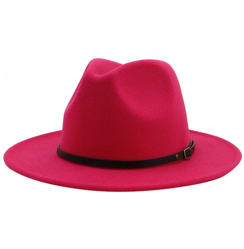 Fedoras Women's Vintage Fedora Hat Lady Retro Wide Brim Hat with Belt Buckle Unisex Classic Cotton Panama Hat - Hot Pink - CE...