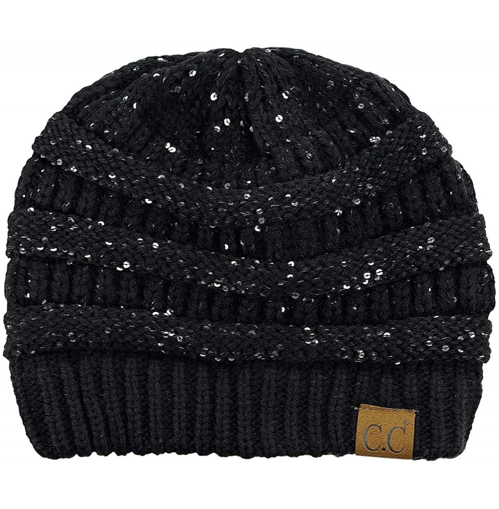 Skullies & Beanies Women's Sparkly Sequins Warm Soft Stretch Cable Knit Beanie Hat - Black/Silver - CU18IQEWU7S
