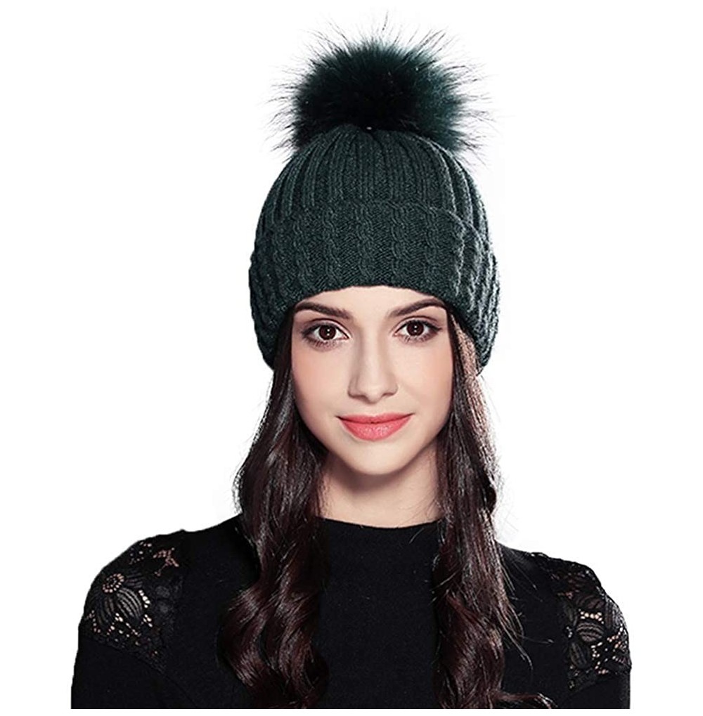 Skullies & Beanies Women Fashion Warm Winter Knitted Beanie Fur Ball Pom Hat Crochet Ski Cap - Green - CJ18KELNUOH