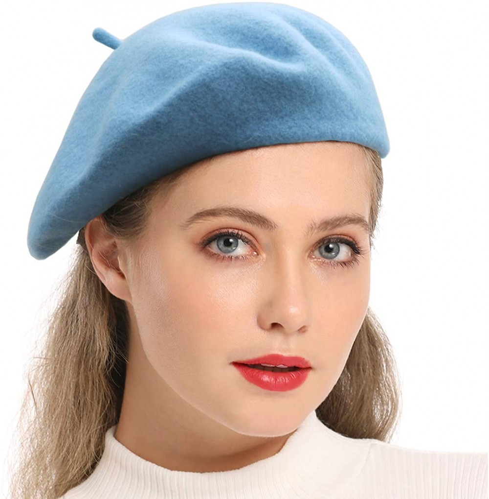 Berets Wool Beret Hat-Solid Color French Style Winter Warm Cap for Women Girls Lady - Azure - CP18C802GAZ