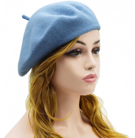 Berets Wool Beret Hat-Solid Color French Style Winter Warm Cap for Women Girls Lady - Azure - CP18C802GAZ