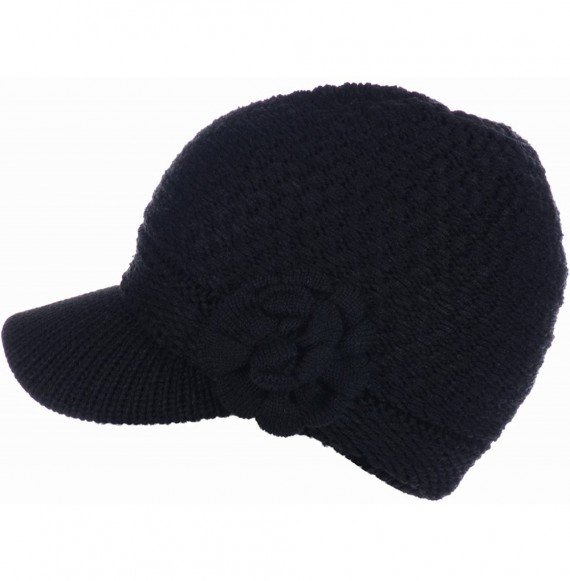 Skullies & Beanies Womens Winter Visor Cap Beanie Hat Wool Blend Lined Crochet Decoration - Black With Flower - C018WKYQN95