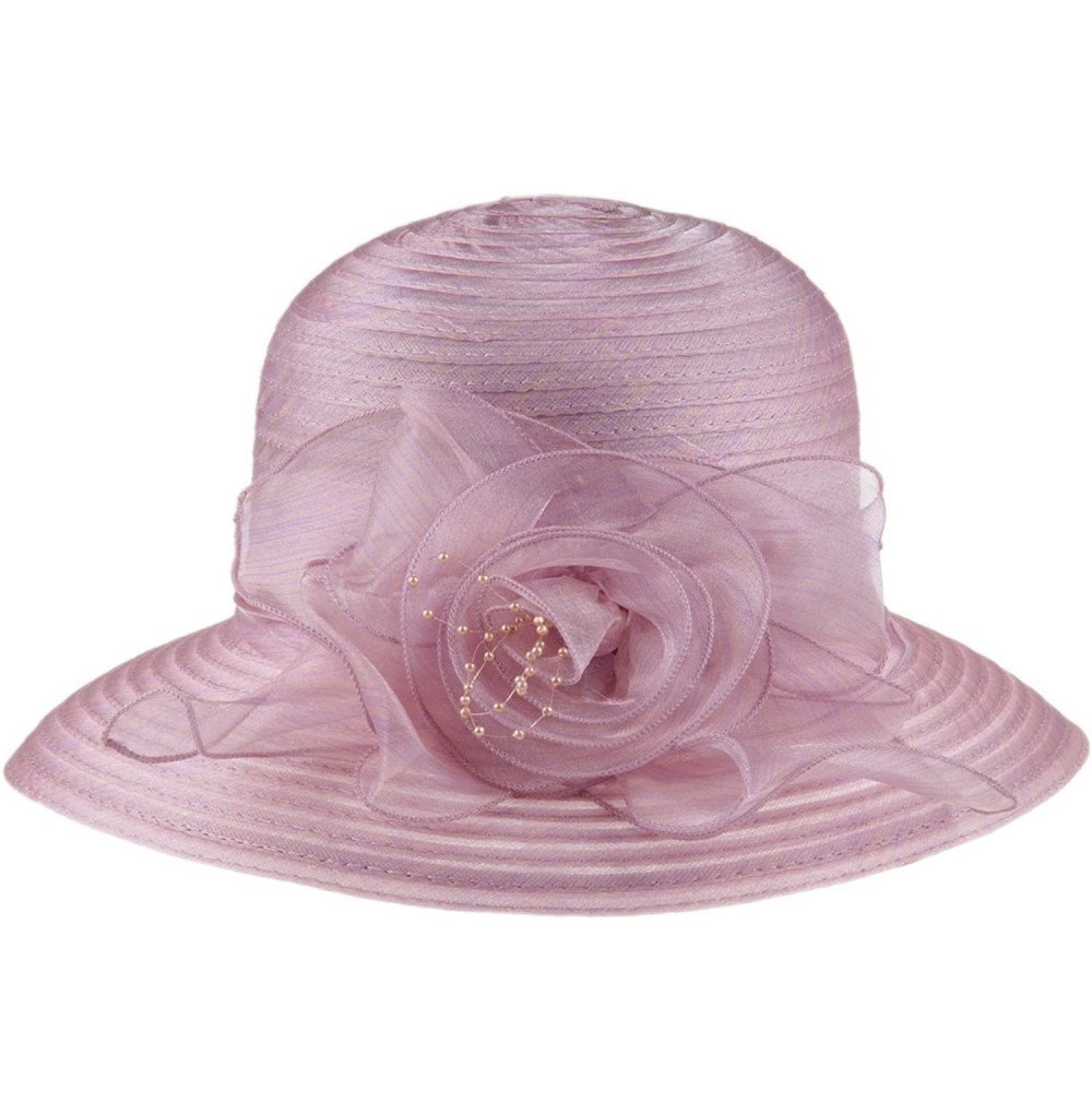 Sun Hats 1920s Womens Summer Organza Kentucky Derby Dress Bowler Sun Hat Derby Tea Party - Pink - CS188MZSWZ0