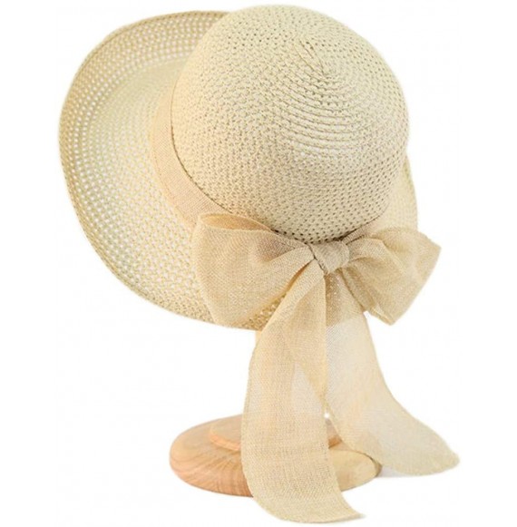 Sun Hats Women's Sun Straw Hat- Big Brim Hat Bowknot Summer Hat Foldable Roll up Floppy Sunhat Beach for Women - Beige - CR18...