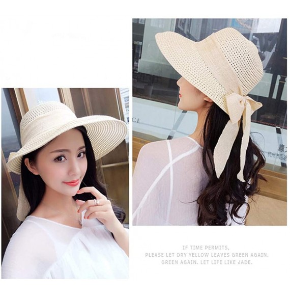 Sun Hats Women's Sun Straw Hat- Big Brim Hat Bowknot Summer Hat Foldable Roll up Floppy Sunhat Beach for Women - Beige - CR18...