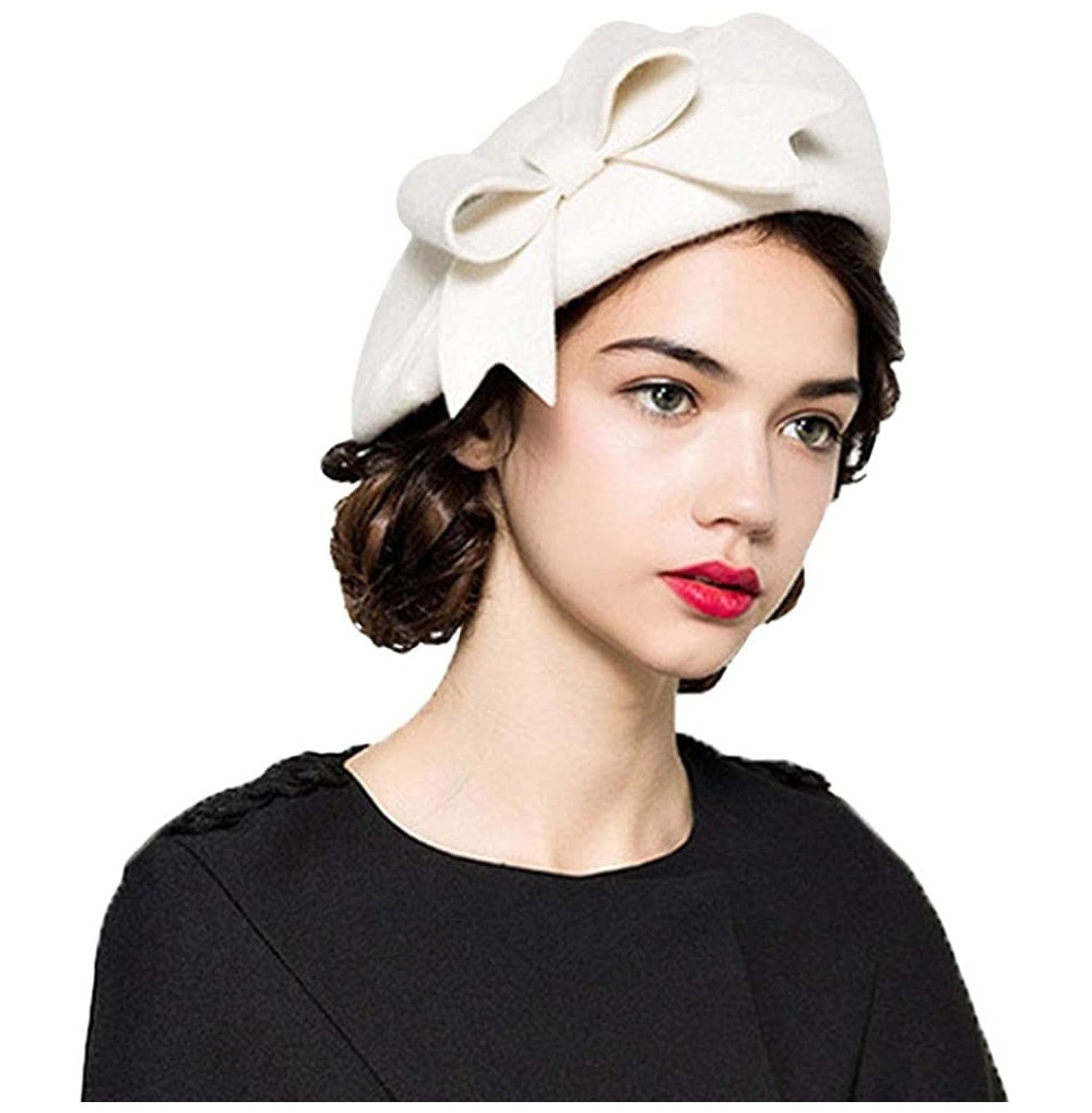 Berets 100% Wool Beanie Hat French Dress Beret Winter Hat Vintage Fascinator Hats - Off-white - C618GDA3M48