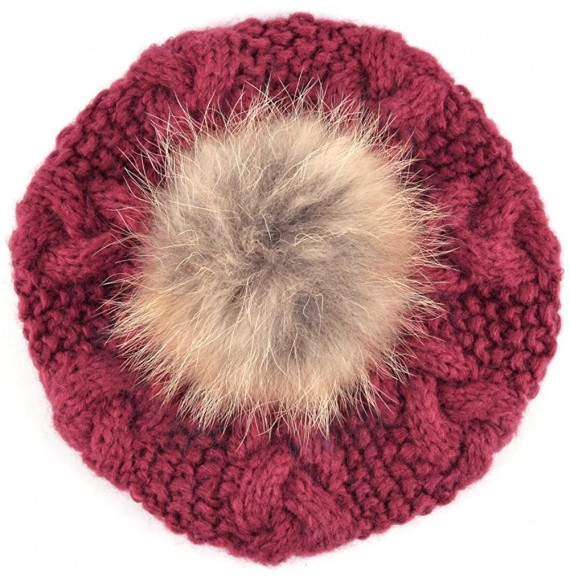 Skullies & Beanies Women Warm Knitting Cuffed Fluffy Pom Pom Beret Beanie - Red - CS12NUY3RU0