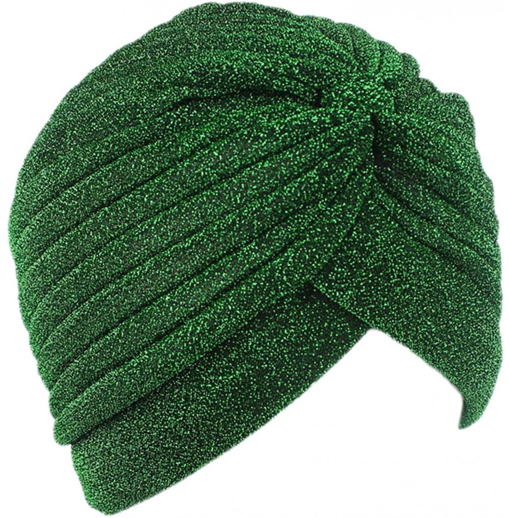 Sun Hats Shiny Turban Hat Headwraps Twist Pleated Hair Wrap Stretch Turban - Green Paillette - CJ198H9L0MW