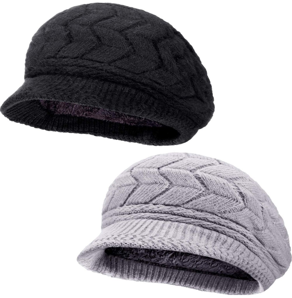 Newsboy Caps 2 Pieces Women Winter Beret Hats Warm Knit Caps Snow Ski Hats with Visor - Black- Grey - CI18YQ86XEU