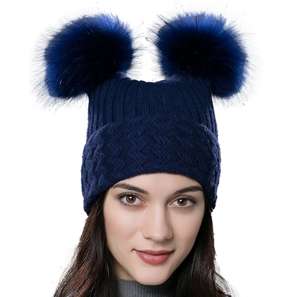 Skullies & Beanies Unisex Autumn Knit Wool Beanie Hat Women Winter Hat with Fur Ball Pom Pom - Blue With Fox Fur Pompom - CW1...