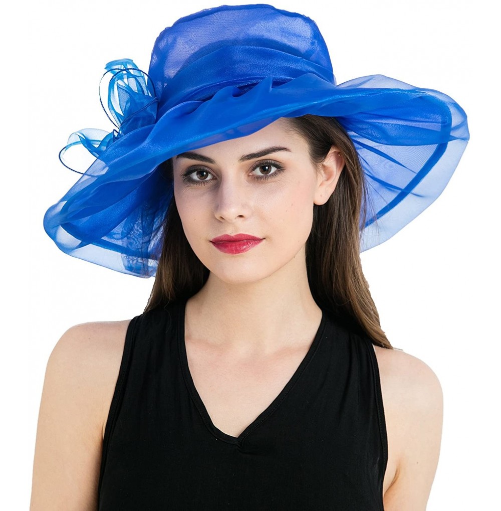 Sun Hats Women's Colorful Organza Kentucky Wide Brim Bow Derby Sun Hat - Blue - CO12GSWKQ0J