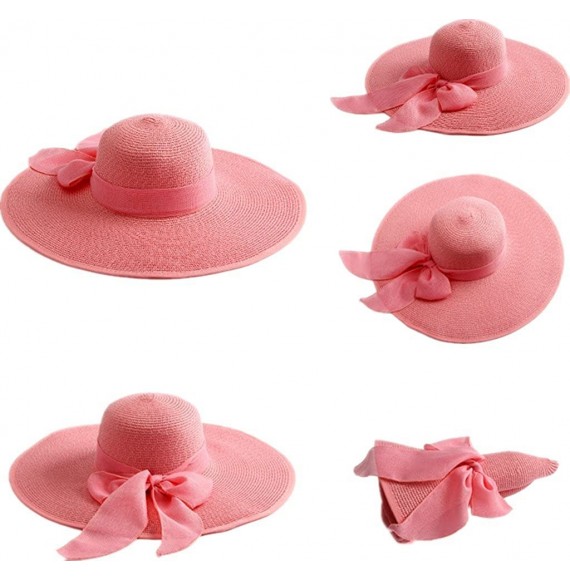 Sun Hats Women's Foldable Bowknot Straw Hat Large Wide Brim Summer Beach Sun Hat - Pink - CD12GRTSVOV