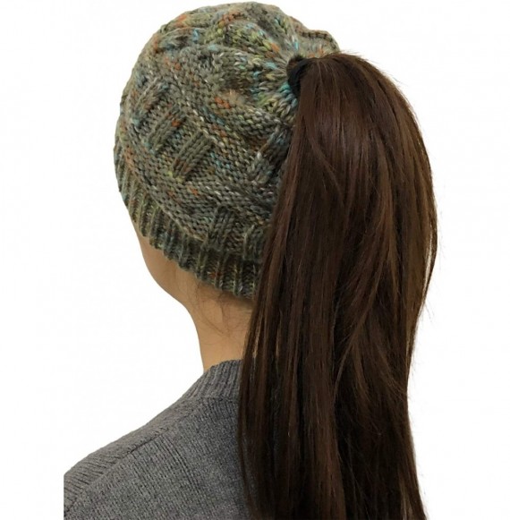 Skullies & Beanies Women's Ponytail Beanie Tail Soft Stretch Cable Cap Knit Messy Bun Hat for Winter - Green - CO18ZUNEN9N