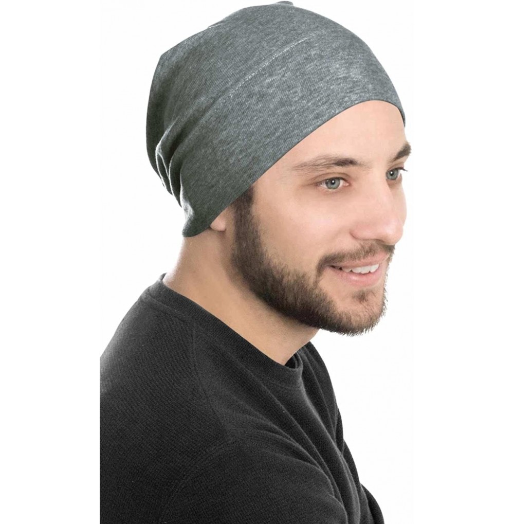 Skullies & Beanies Mens Relaxed Beanie - 100% Cotton Beanie Hats for Guys - Charcoal Heather - CK184GSOLL8