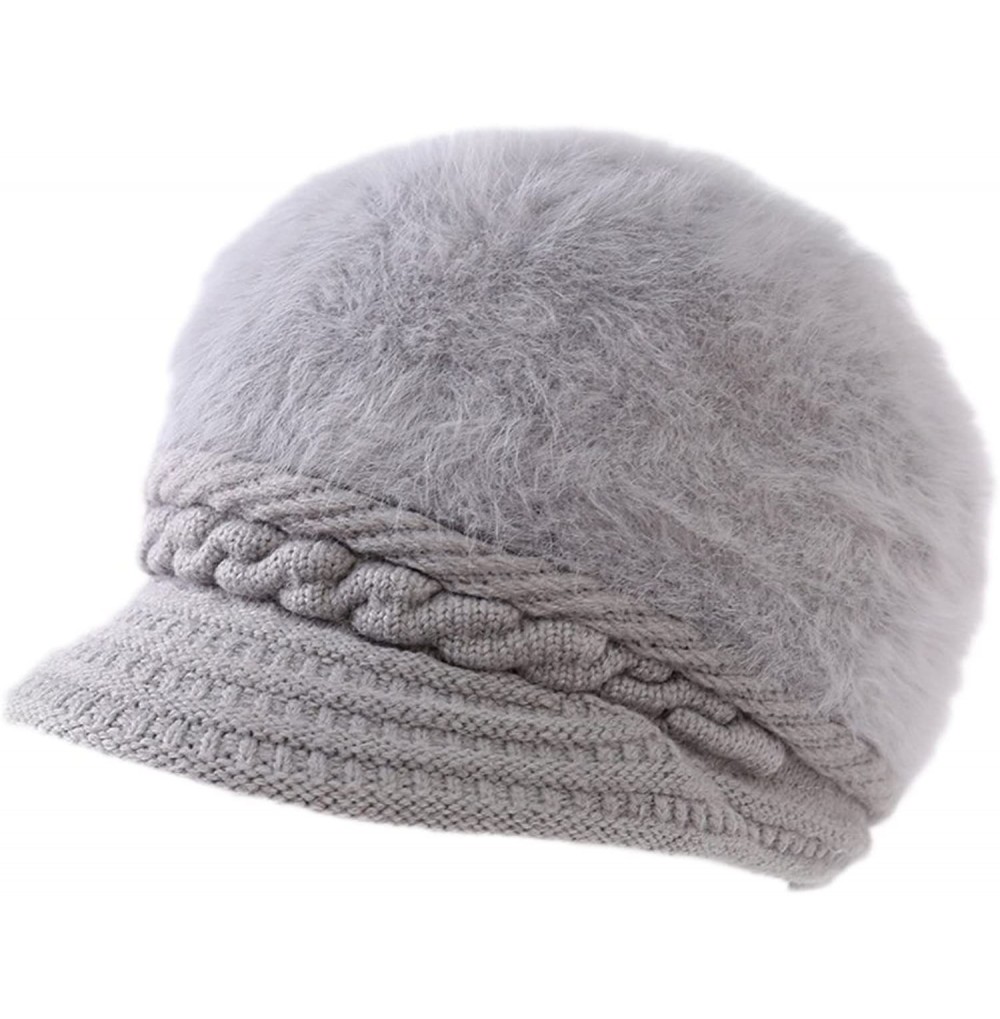 Skullies & Beanies Women Winter Knit Crochet Newsboy Caps Lady Furry Beanie Hat with Visor - Grey - C4188LRQOQS