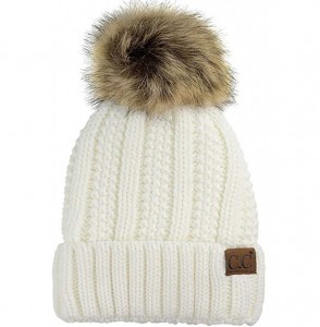 Skullies & Beanies Quality Women's Faux Fur Pom Fuzzy Fleece Lined Slouchy Skull Thick Cable Beanie hat - Ivory - CE187UU5N92