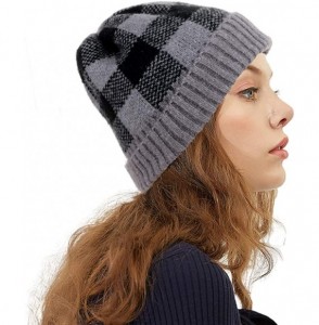 Skullies & Beanies Winter Soft Stretch Buffalo Plaid Cuff Beanie Hat Thick Chunky Warm Knit Skull Ski Cap - Grey/Black - C918...