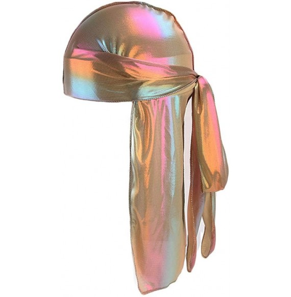 Skullies & Beanies Men's Soft Velvet Long Tail Wide Straps Durag Solid Color Cap Turban Headwrap - Gold - CR18OR03UGR