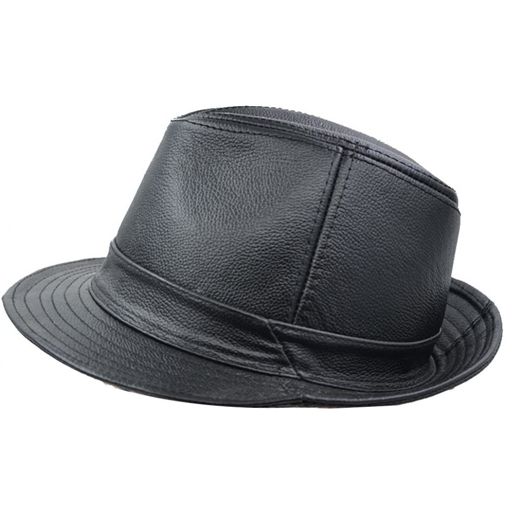 Fedoras Men & Women's Cowhide Jazz Hat Short Brim Suede Leather Fedora Hat - Black - CM18G56ZCZK