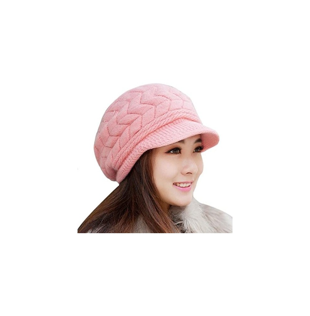 Skullies & Beanies Women Winter Knit Hats with Visor - Warm Berets Caps Knitted Wool Baggy Snow Ski Beanie Hat - Pink - CY193...