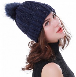 Skullies & Beanies Women Winter Soft Warm Ski Cap Knit Slouchy Beanie Chunky Baggy Hat with Faux Fur Pompom - Dark Blue - CZ1...