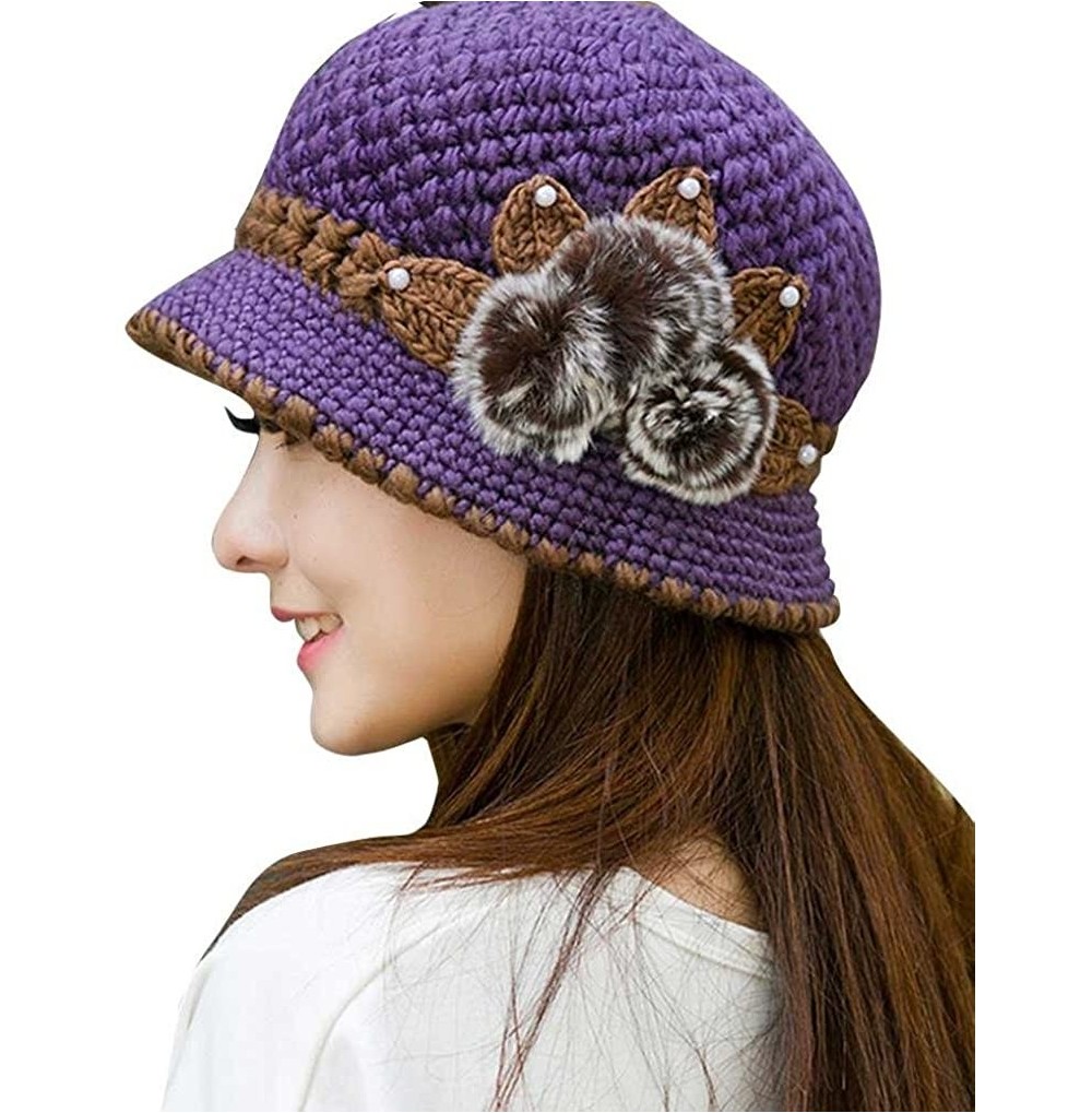 Berets Women Ladies Winter Knitting Hat Warm Artificial Wool Snow Ski Caps With Visor - U-purple - CO189T594CL