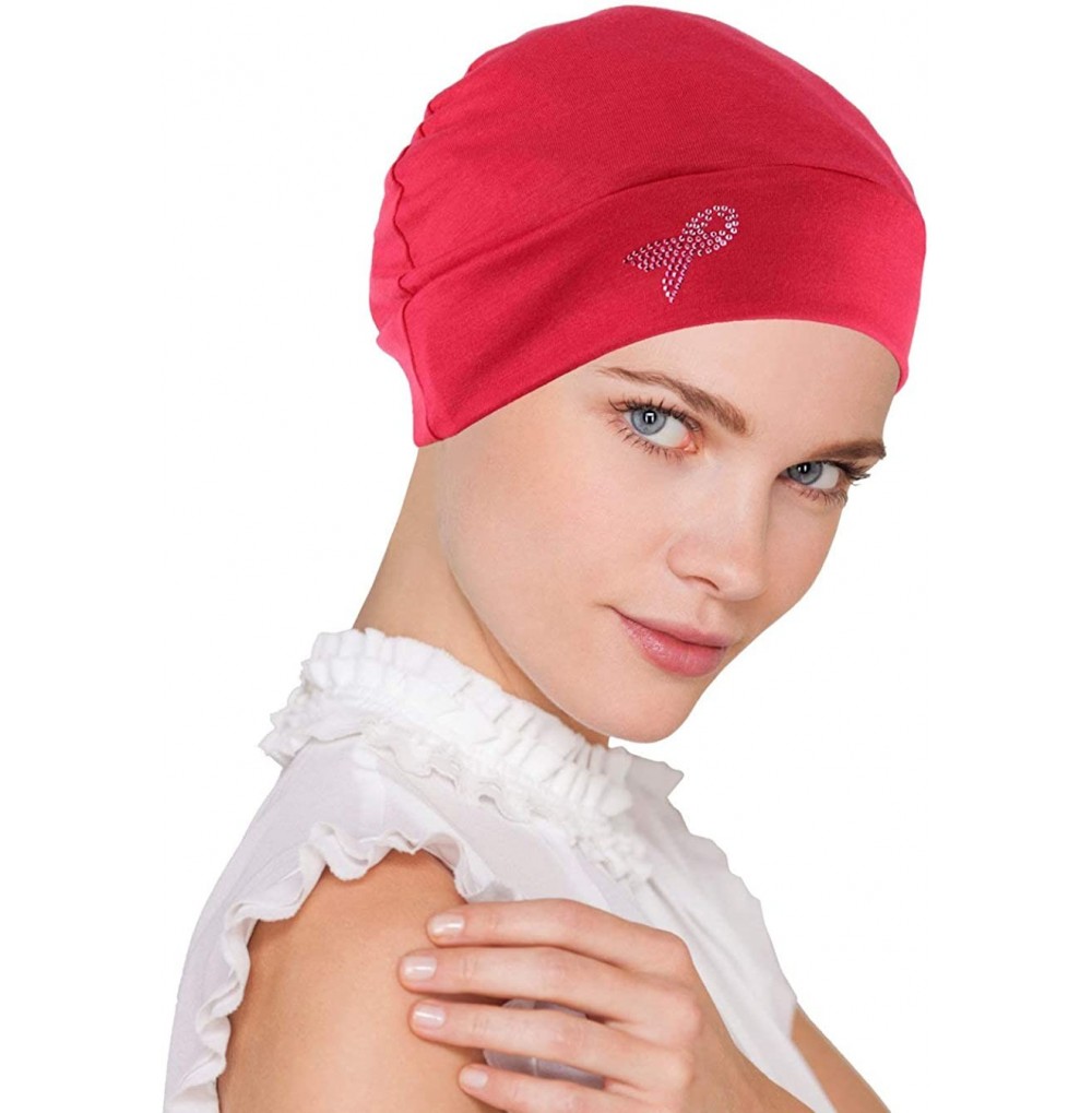 Skullies & Beanies Breast Cancer Awareness Soft Comfy Chemo Cap Hat with Pink Ribbon Metallic Rhinestud - 06- Red - C818678W80U