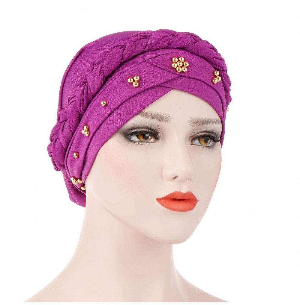 Skullies & Beanies Women Beaded Braid India Hats Muslim Cancer Chemo Beanie Turban Wrap Cap - Purple - C118T0T52WZ