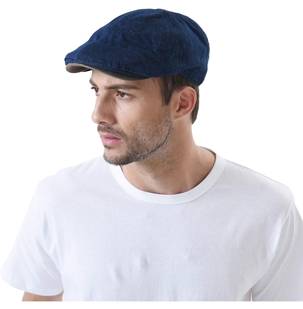 Newsboy Caps Denim Newsboy Hat Faux Leather Brim Flat Cap SL3017 - Blue - CV11QE8T1MH