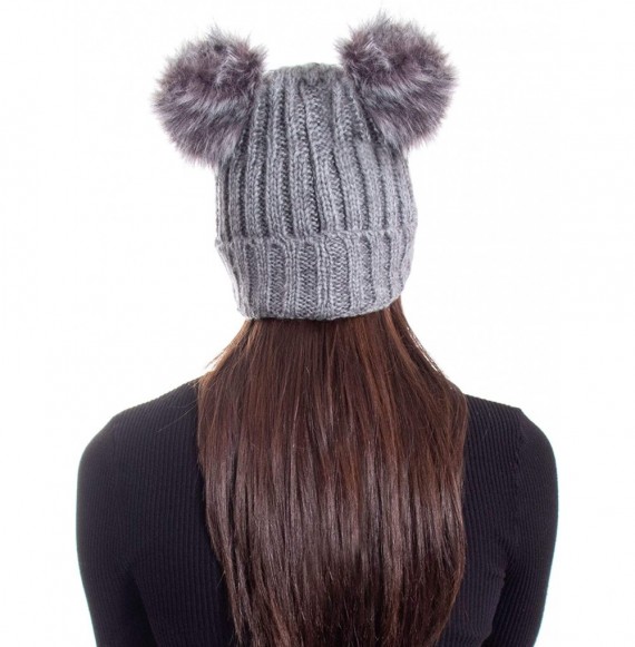 Skullies & Beanies Womens Winter Thick Cable Knit Beanie Hat with Faux Fur Pompom Ears - Grey Beanie With Black Grey Pompom -...
