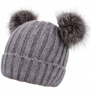 Skullies & Beanies Womens Winter Thick Cable Knit Beanie Hat with Faux Fur Pompom Ears - Grey Beanie With Black Grey Pompom -...
